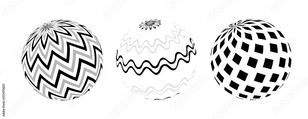 Poster set of vector striped spheres. balls with black and white lines and patterns. optical illusion.