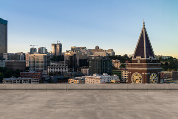 Naklejka premium Skyscrapers Cityscape Downtown, Seattle Skyline Buildings. Beautiful Real Estate. Sunset. Empty rooftop View. Success concept.