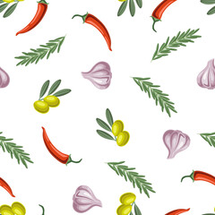 Seamless pattern with rosemary and chili pepper, olive branch and garlic. Spicy for cooking.