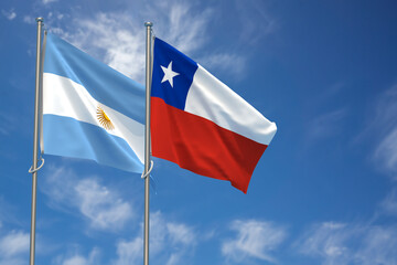 Argentina and Republic of Chile Flags Over Blue Sky Background. 3D Illustration