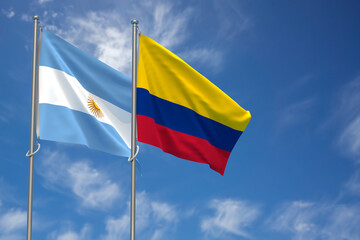 Argentina and Republic of Colombia Flags Over Blue Sky Background. 3D Illustration