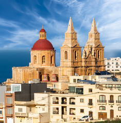 Landscape with  Mellieha Parish Church. Malta country