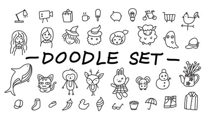A set of hand drawn doodles on white background.