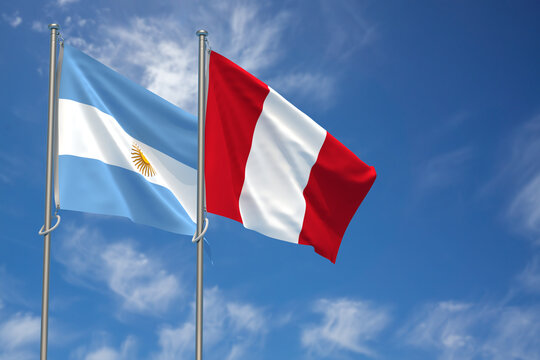 Argentina and Republic of Peru Flags Over Blue Sky Background. 3D Illustration
