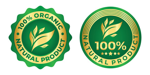 Organic natural herbal badge logo vector with green and gold color for product label - obrazy, fototapety, plakaty