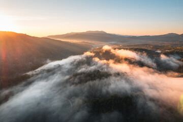 Mountains and fog in the morning, high angle view