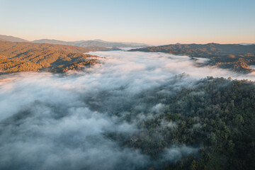 Mountains and fog in the morning, high angle view