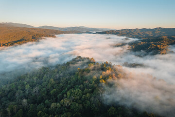 Mountains and fog in the morning, high angle view