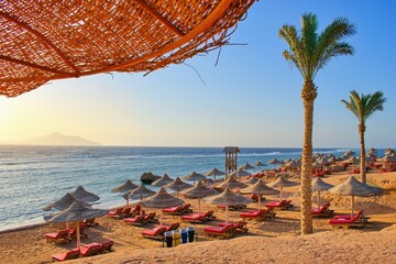 Idylic beach with palms and sun umbrelas, Red Sea, Egypt