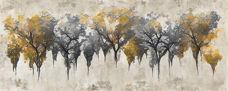 Abstract trees on a grungy concrete wall texture with scratched paint.