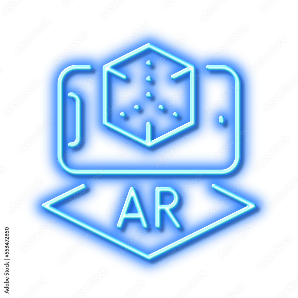 Poster augmented reality phone line icon. vr simulation sign. 3d cube. neon light effect outline icon.