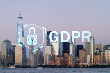 Skyline of New York City Financial Downtown Skyscrapers at sunset. Manhattan, NYC, USA. View from New Jersey. GDPR hologram, concept of data protection, regulation and privacy for all individuals