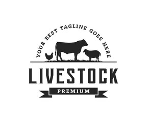 Vintage livestock logo with cow, chicken, and lamb. Animal farm fresh logo design template