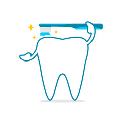 Cute white shiny clean teeth holding cleaning blue toothbrush with toothpaste gel cartoon character on white background icon flat vector design.