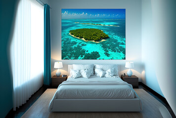 Vacation rental with a view of the coral reefs and lush Maldives island. Generative AI