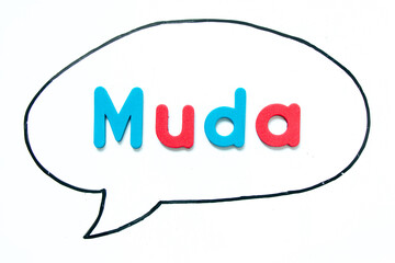 Alphabet letter with word muda in black line hand drawing as bubble speech on white board background