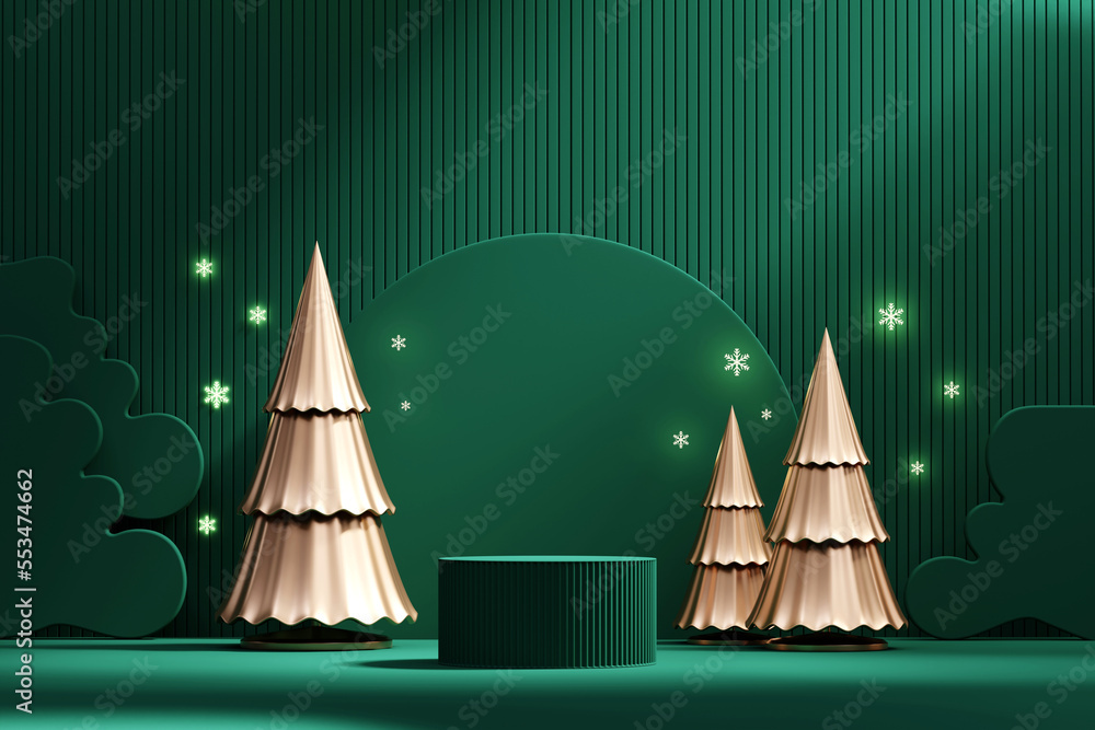 Poster merry christmas event product display podium with decoration background 3d rendering