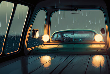 Obraz premium vehicle lights that are hazy on damp windows. Generative AI