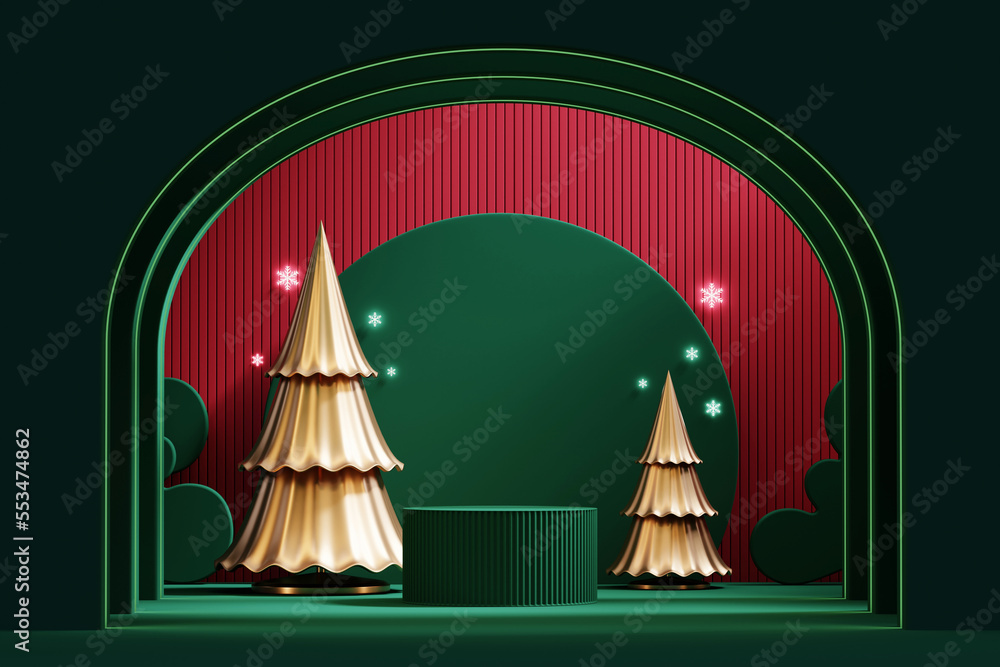 Poster merry christmas event product display podium with decoration background 3d rendering
