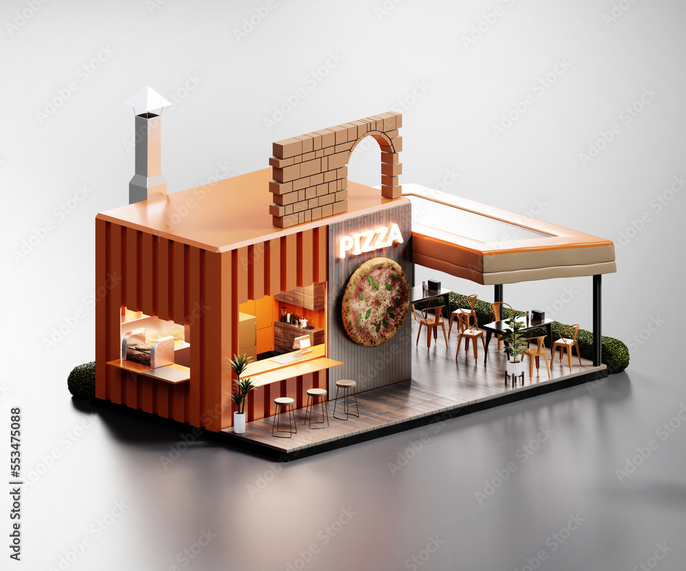 Poster isometric view minimal pizza restaurant container store exterior architecture, 3d rendering digital 