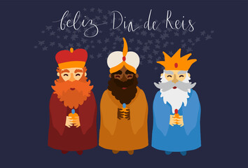 Feliz Dia de Reis translation Happy Kings Day handwritten calligraphy vector. Happy epiphany celebration card, 3 wise men illustration