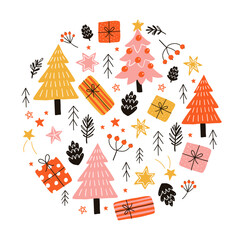 Vector round illustration on white background. Fir trees and christmas presents in simple doodle style. Ideal for Christmas holidays cards, posters and design