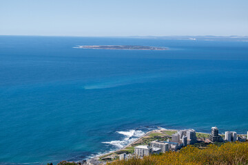 top angle view of seapoint and robben island taken from the coast of cape town