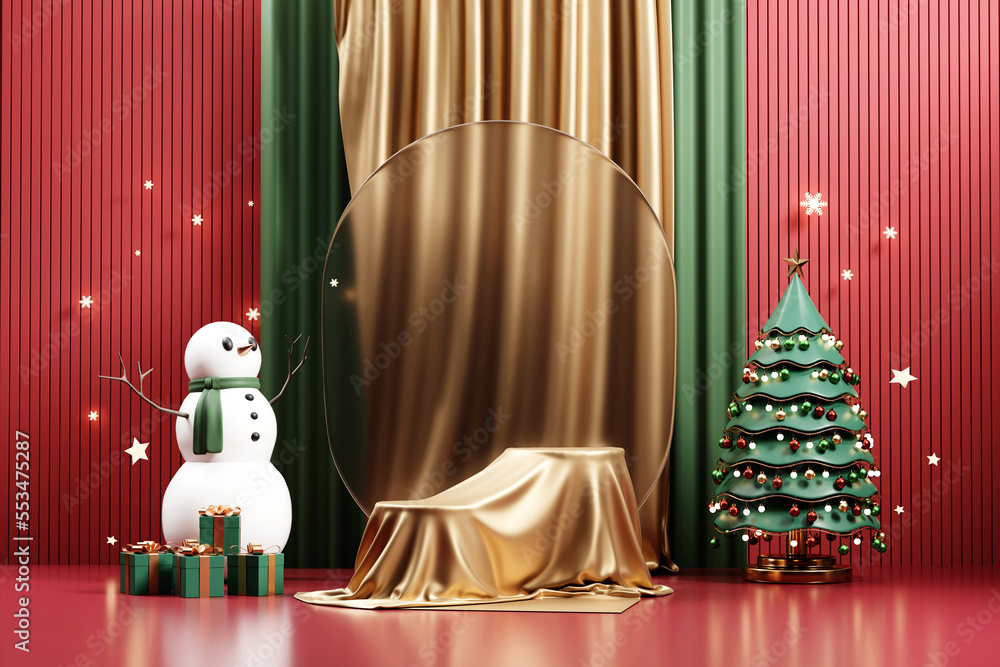 Poster merry christmas event product display podium with decoration background 3d rendering