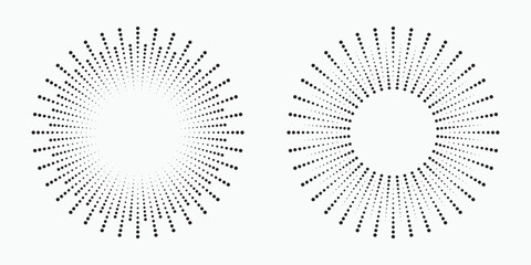 Radial halftone dots in Circle Form. Dotted fireworks explosion background. Starburst round Logo. Circular Design element. Abstract Geometric star rays.	