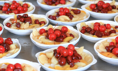 The canned fruit is on the plate