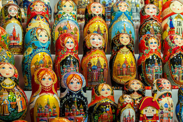 Lot of traditional Nesting dolls or Russian Matryoshka popular souvenir from Russia
