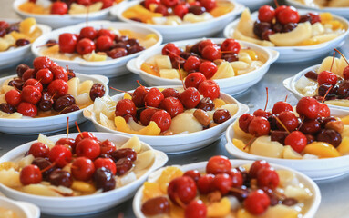 The canned fruit is on the plate