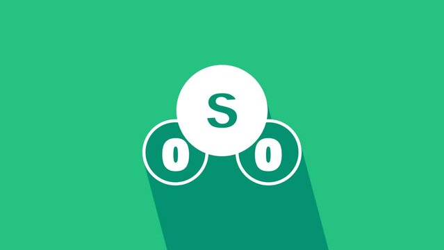 White Sulfur dioxide SO2 gas molecule icon isolated on green background. Structural chemical formula and molecule model. 4K Video motion graphic animation