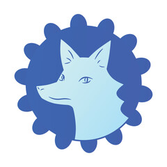 Blue fairy fox face portrait vector illustration, glass jewelry pendant, brooch or earrings design, art deco style.