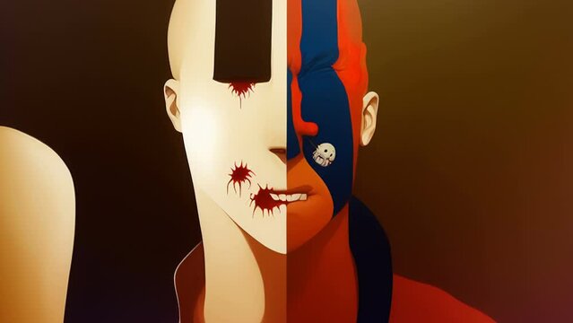 Morphing animation of surreal painting of a deformed face of a bloody zombies drawing. Digital image painted undead man portrait. Halloween backdrop in minimal cartoon style.
