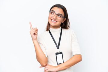 Young caucasian woman with ID card isolated on white background pointing up a great idea