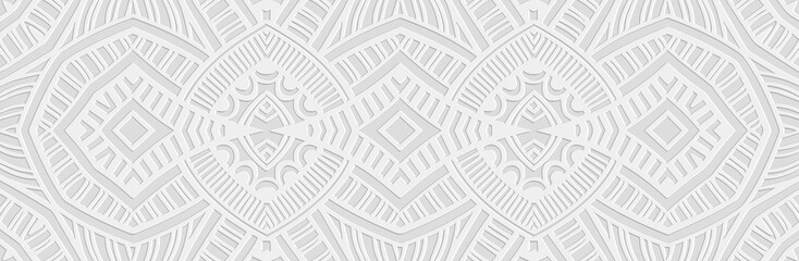 Banner, cover design. Embossed geometric 3d pattern on a white background, paper press, elegant doodle and zentangle technique. Tribal ethnic motifs, unique exotic ornaments in boho style.
