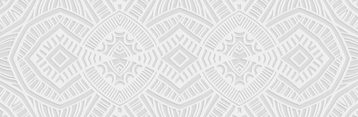 Papier Peint photo Style bohème Banner, cover design. Embossed geometric 3d pattern on a white background, paper press, elegant doodle and zentangle technique. Tribal ethnic motifs, unique exotic ornaments in boho style. 
