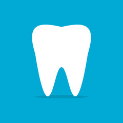White shiny clean tooth dental cartoon character on blue background icon flat vector design.
