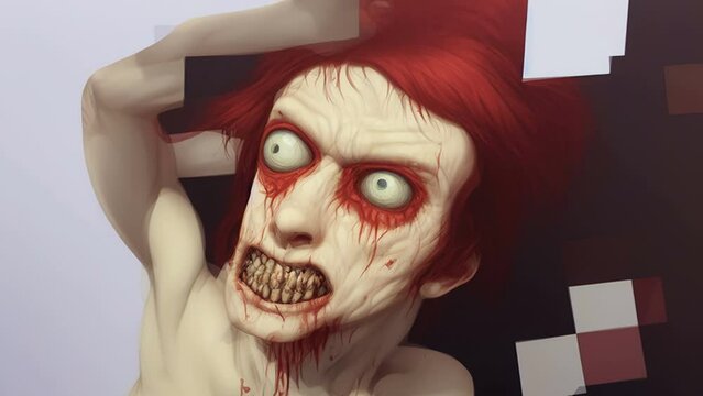Morphing animation of surreal painting of a deformed face of a bloody zombies drawing. Digital image painted undead woman portrait. Halloween backdrop in cartoon style.