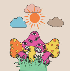 Retro 70's psychedelic hippie mushroom illustration print with groovy slogan for man - woman graphic tee t shirt or sticker poster - Vector
