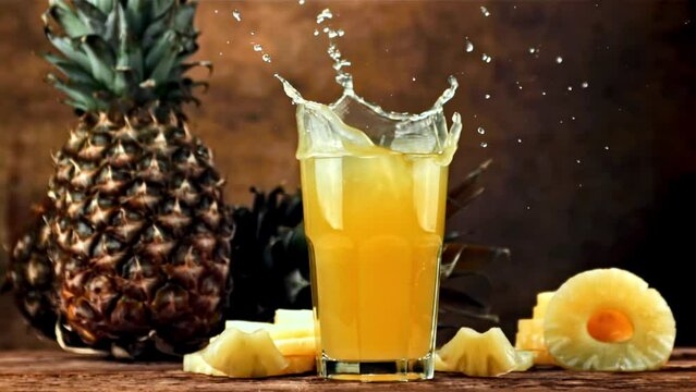 Piece of pineapple falls into pineapple juice. Filmed is slow motion 1000 fps. High quality FullHD footage