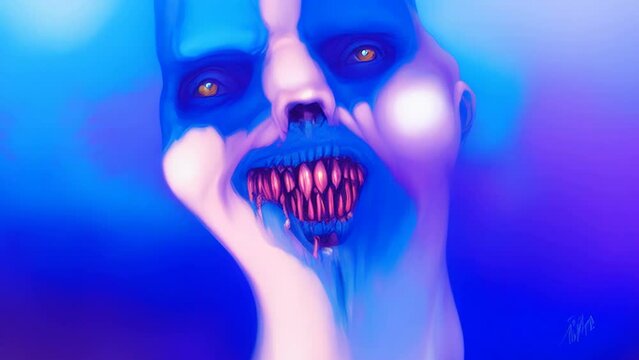 Morphing animation of surreal painting of a deformed face of a bloody zombies drawing. Digital image painted undead woman portrait. Halloween backdrop in cartoon style.