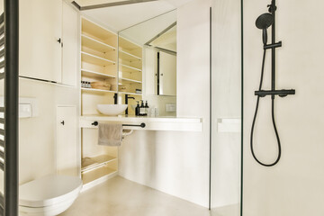 Glass partition between shower tap and wall hung toilet in modern restroom at home