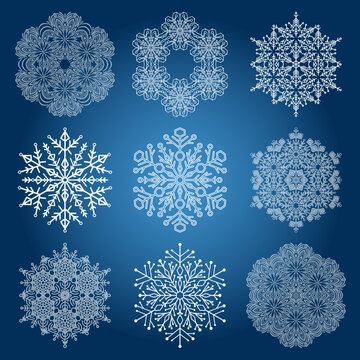 Set of vector snowflakes. Collection of winter blue and white ornaments. Snowflakes collection. Snowflakes for backgrounds and designs