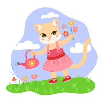 Vector image of a cute cartoon kitten in a pink dress with a pinkwatering can in one paw and flowers in other