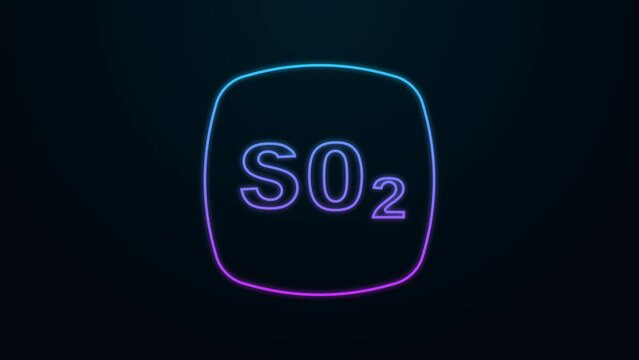 Glowing neon line Sulfur dioxide SO2 gas molecule icon isolated on black background. Structural chemical formula and molecule model. 4K Video motion graphic animation
