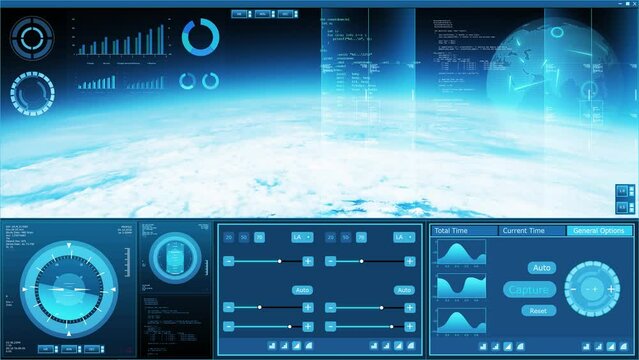Futuristic spaceship control panel interface. Spacecraft digital dashboard background with indicators and tools. The concept of space travel, space exploration and science.