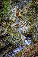 Small river through gorge in detail of layered rocks and moss