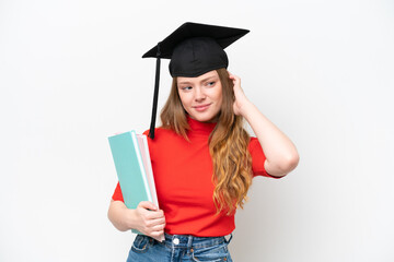 Young university graduate woman isolated on white background having doubts